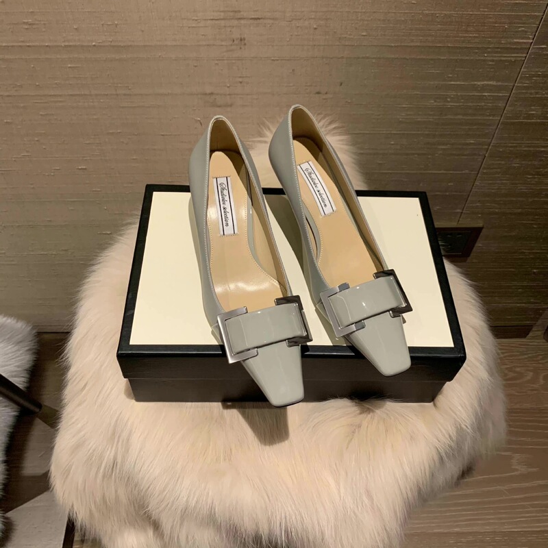 In Stock~Grape Mom's Same Style 2026 New Model Shiny Rhinestone Square Buckle Shallow Pointed Toe Flat High-Heeled Single Shoes for Women Autumn and Winter