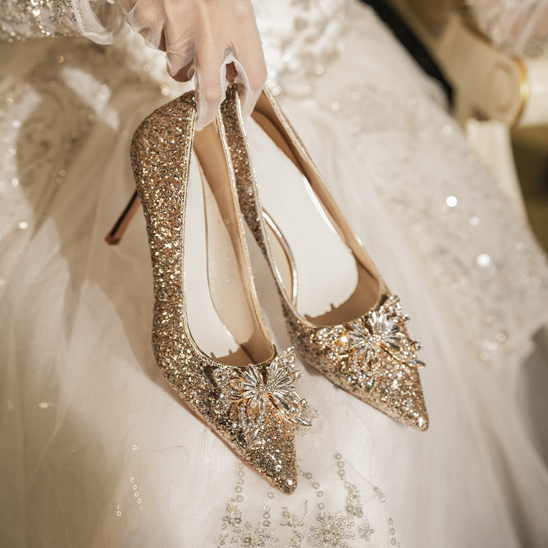 829-30 Golden Pointed Stiletto Heel Shoes Women's Xiuhe Wedding Shoes Two-Wearing Temperament Bridal Shoes Crystal Shoes
