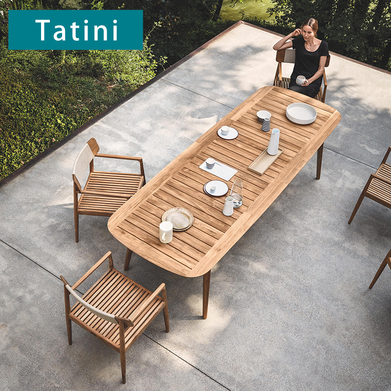 De gama alta al aire libre mesa y silla Villa patio anti-corrosión madera larga mesa al aire libre jardín terraza ocio teca mesa y silla combinación