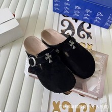 克罗伈联名博肯半包拖鞋男女同款2025新款真皮十字架外贸大码潮酷