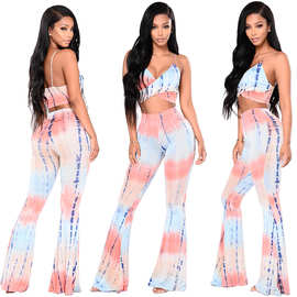 M620-0 独立站亚马逊爆款欧美印花阔腿裤吊带两件套现货女装