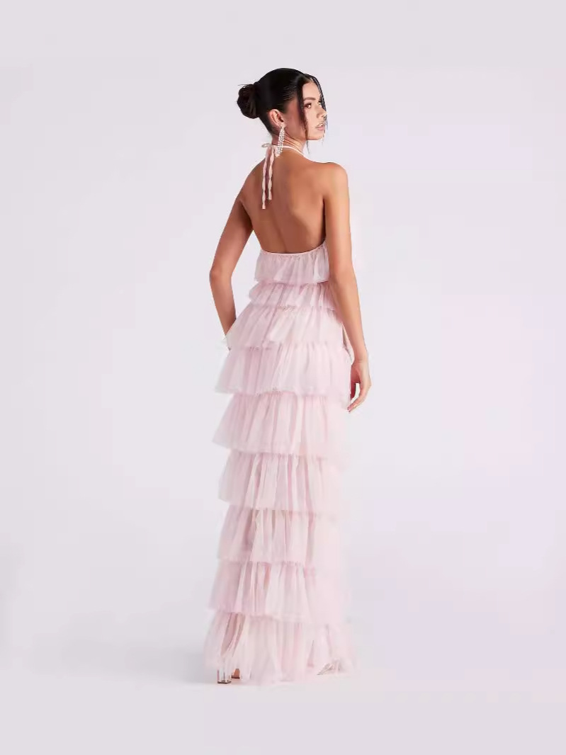 Ventas transfronterizas calientes nuevas mujeres europeas y americanas fiesta sexy vestido multicapa vestido colgante rosa vestido largo