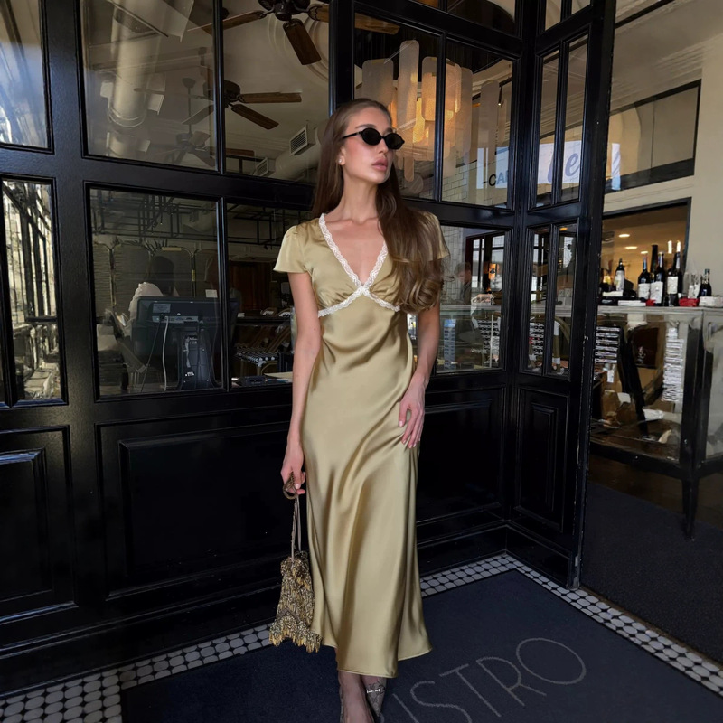 French-Style Romantic V-Neck Dress for Women, Summer Waist-Cinching Slimming Mermaid Dress with Small Lace Short Sleeves, Satin Long Dress Wholesale