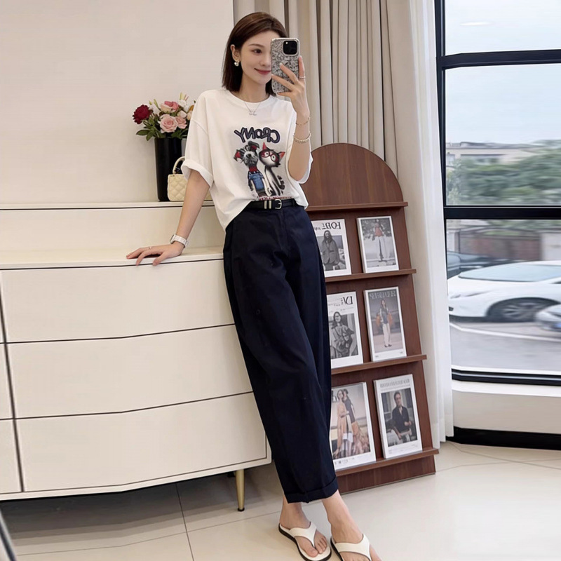 Korean Style Casual Sports Suit for Women 2026 New Summer Fashion Age-Reducing Cartoon Short-Sleeved T-Shirt Wide-Leg Pants Two-Piece Set