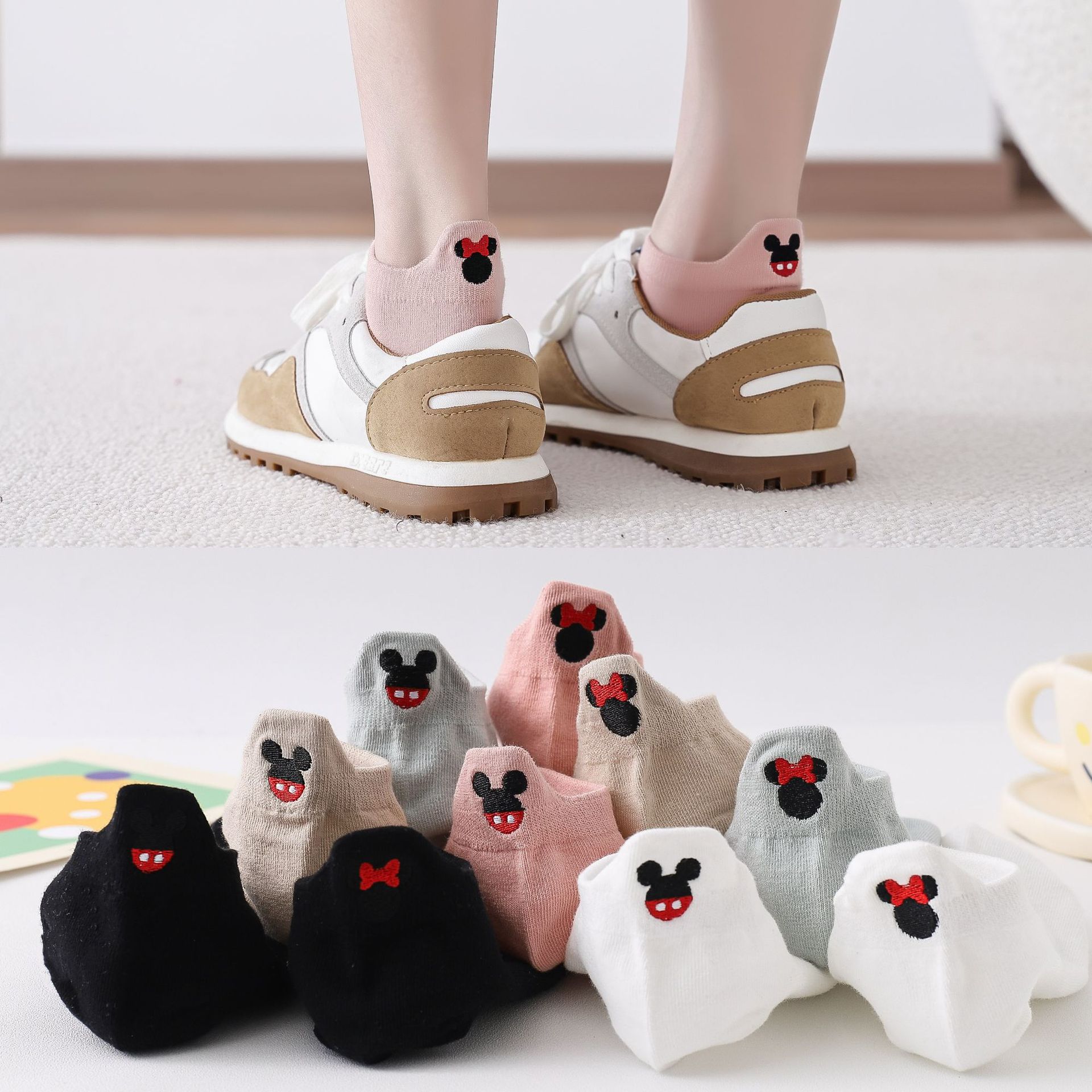 Japanese Style Socks for Women, Mickey Embroidered Short Socks, Breathable Summer Cartoon Socks for Girls, Pure Cotton, Personalized, Sweat-Absorbent, Odor-Resistant, No-Show Socks, Trendy