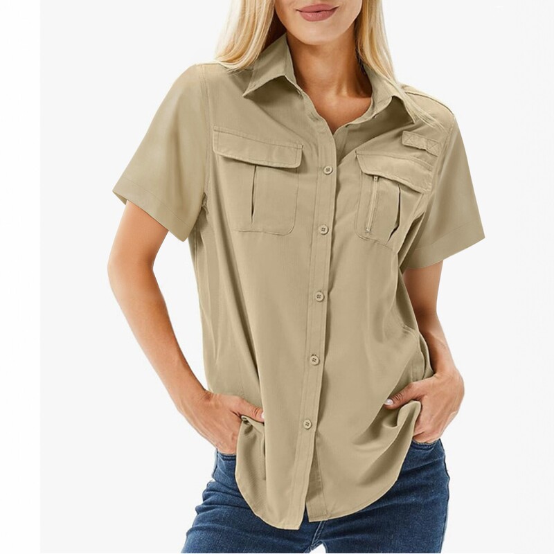 2026 New Women's Short-Sleeve Shirt, Solid Color, Turn-Down Collar, Pocket, Quick-Dry, Breathable, Outdoor Casual, European and American Style, Summer Shirt 2026 New Women's Short-Sleeve Shirt, Solid Color, Turn-Down Collar, Pocket, Quick-Dry, Breathable, Outdoor Casual, European and American Style, Summer Shirt