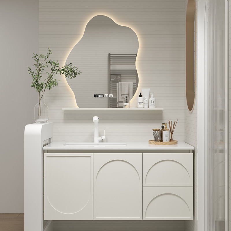 High-end Solid Wood French Cream Fashion Modern Rock Board Bathroom Cabinet Bathroom Cabinet Facial Basin Smart Mirror Cabinet Combination