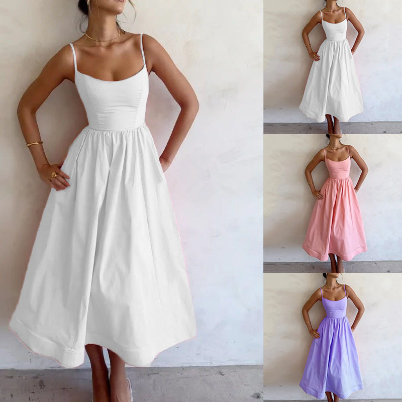 2026 New Spring Women's Clothing, Cross-Border European And Americanes, Sexy Waist-Cinching Solid Color Strap Maxi_ecoleips.com