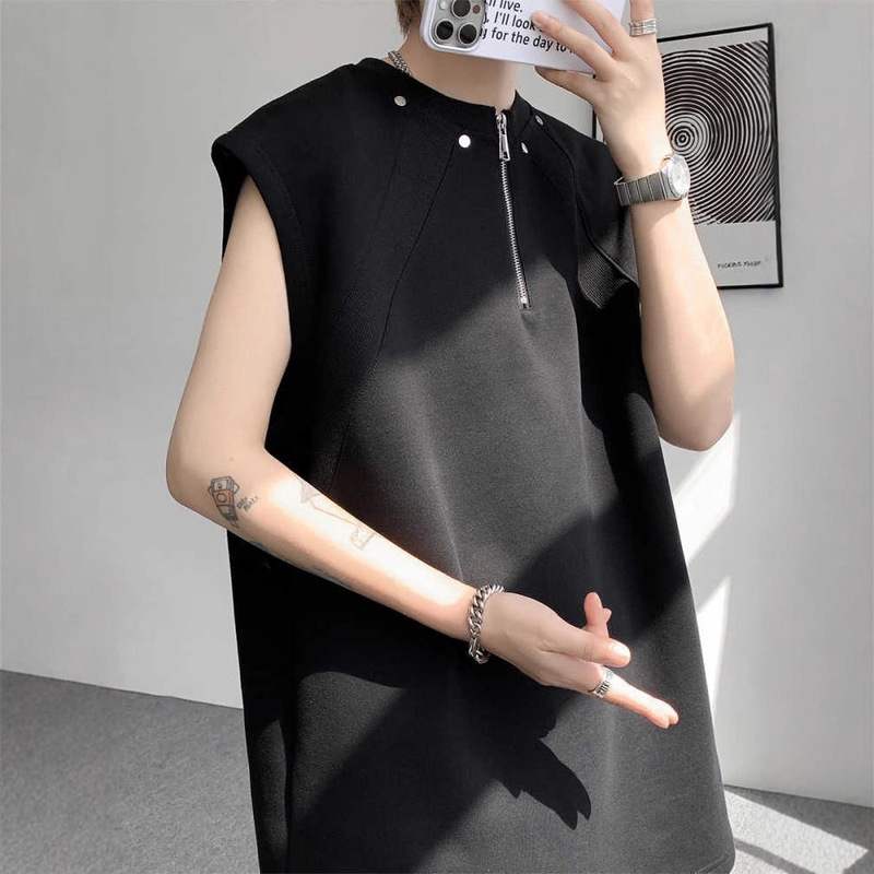 Half-Zip Rivet Sleeveless T-Shirt for Men, Summer Loose Trendy Sports Clothing, Trendy American Style Handsome Vest