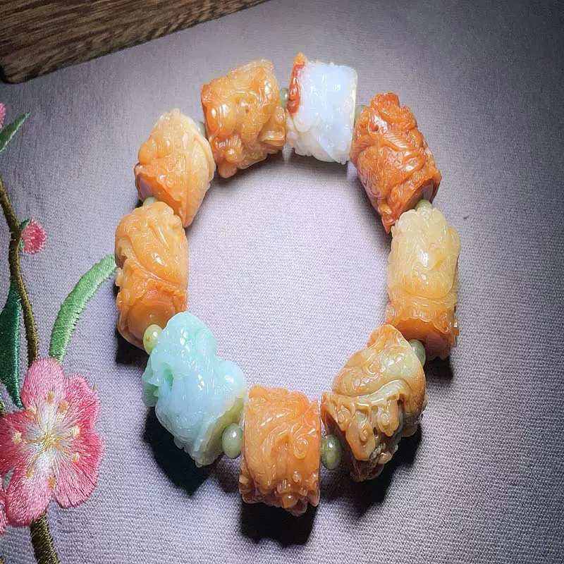 天然翡翠A货手串红翡三彩原石散珠子项链吊坠手镯玉手串翡翠手链