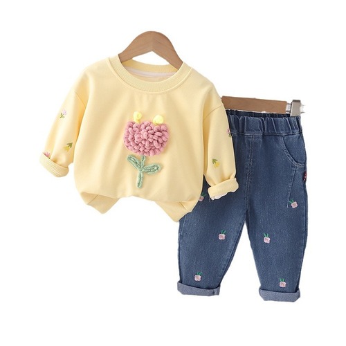 Women's Long Sleeve Set Korean Version New Spring Children's 3D Tulip Sweatshirt Stylish Little Girl Street Style Set