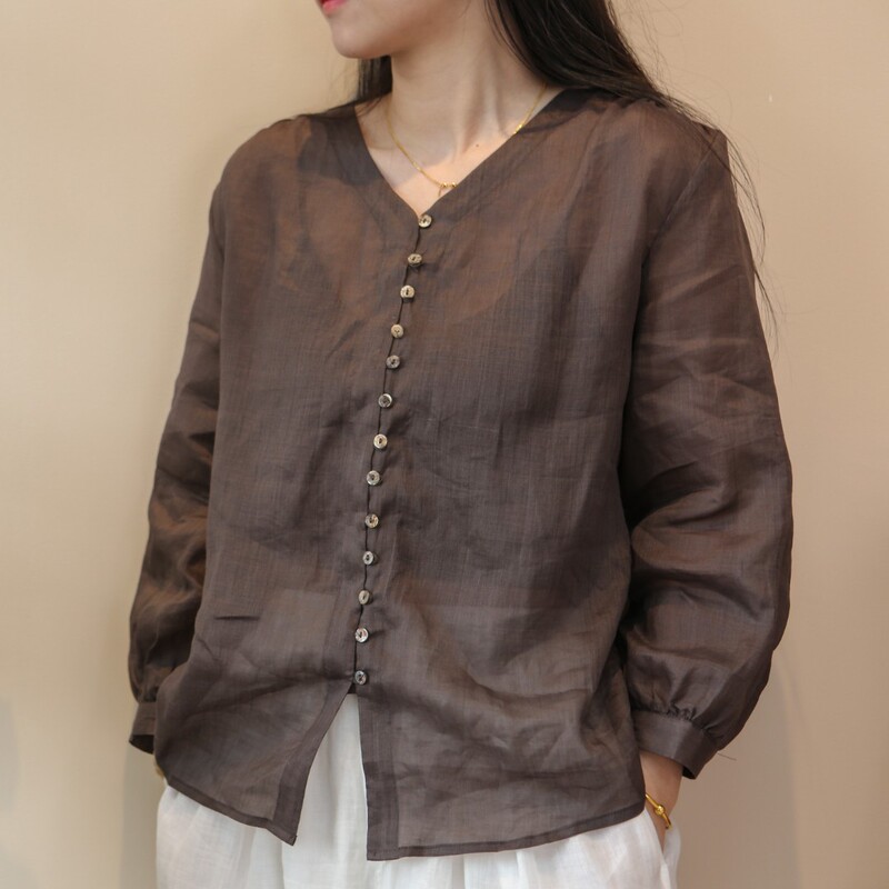 2025 New Ramie V Neck Cardigan Nine-Point Puff Sleeves Light and Slimming Look Tops Fresh, Casual and Versatile