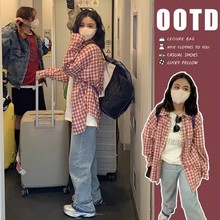 2025新款纯棉复古红色格子衬衫上衣女春季新款宽松衬衣防晒外套薄