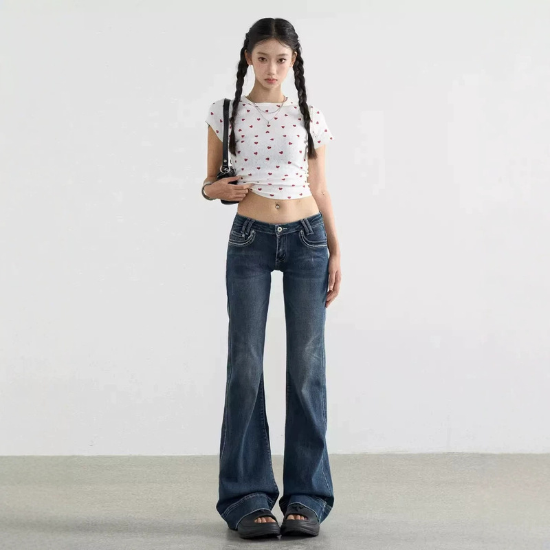 American-Style Women's Jeans 2026 Summer New Vintage Washed Blue Floor-Length Hot Girl Elastic Ultra-Low Waist Flared Pants