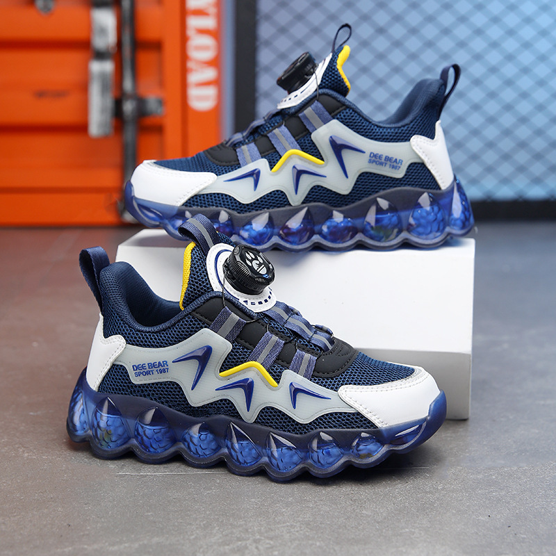 Children's sneaker rotating button middle and big boys shoes soft bottom running shoes double net basketball shoes popular children's shoes fashion