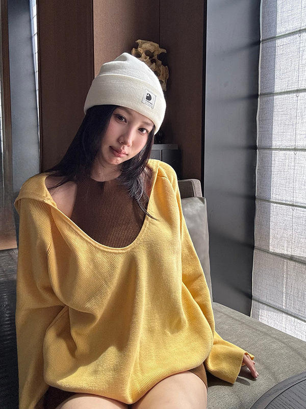 女装搭配一整套连帽毛衣外套宽松V领针织衫上衣针织背心短裤套装|undefined