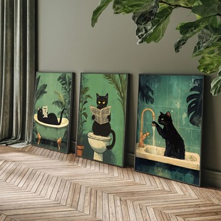 Retro Green Tropical Plant Black Cat Bathroom Toilet Toilet Decoration Frameless Hanging Painting Poster