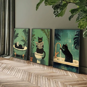 [复古绿色热带植物黑色猫咪浴室厕所卫生间装饰无框挂画画芯海报]