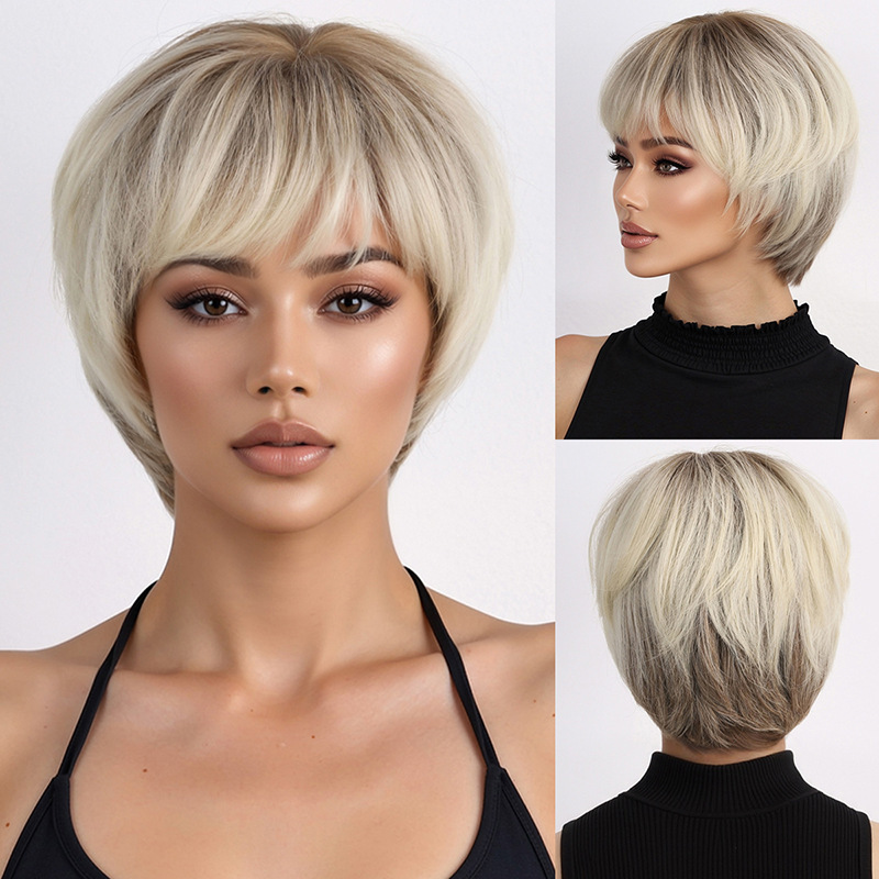 European and American Style Women's Wig with Side Bangs, Short Straight Hair, Bob Cut, Platinum Gradient, Fashionable Natural Synthetic Fiber Wig