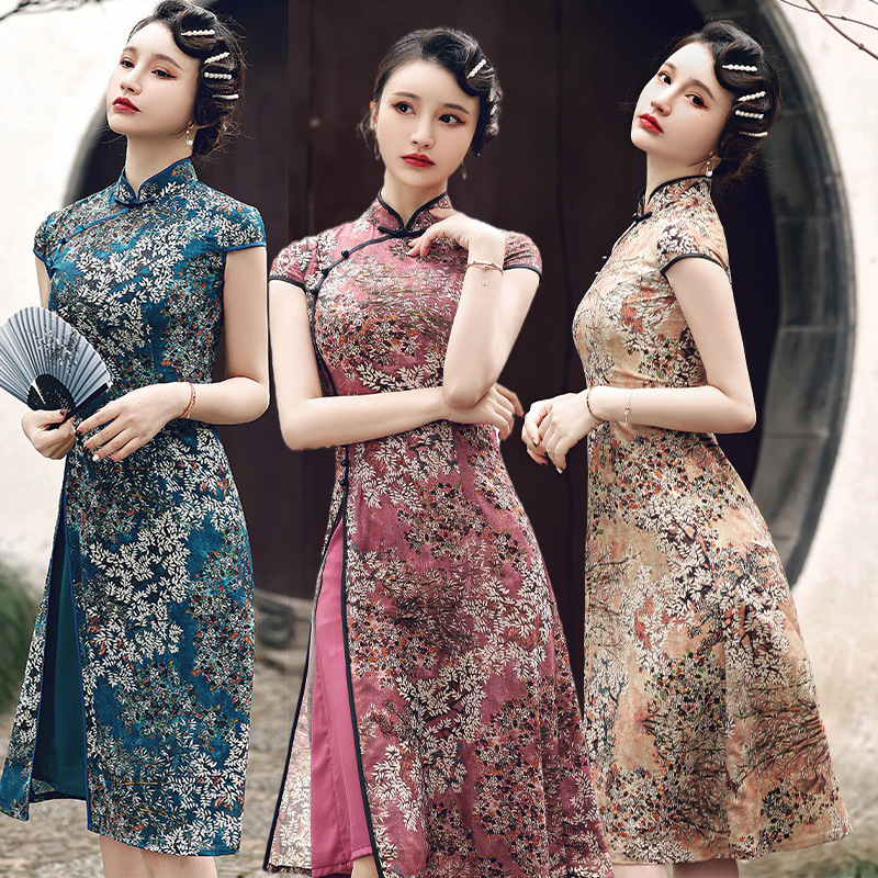 Women Chinese dress Oriental Retro Qipao Cheongsam model show miss etiquette dress  black Chinese dress fashion banquet chiffon Qipao Cheongsam 