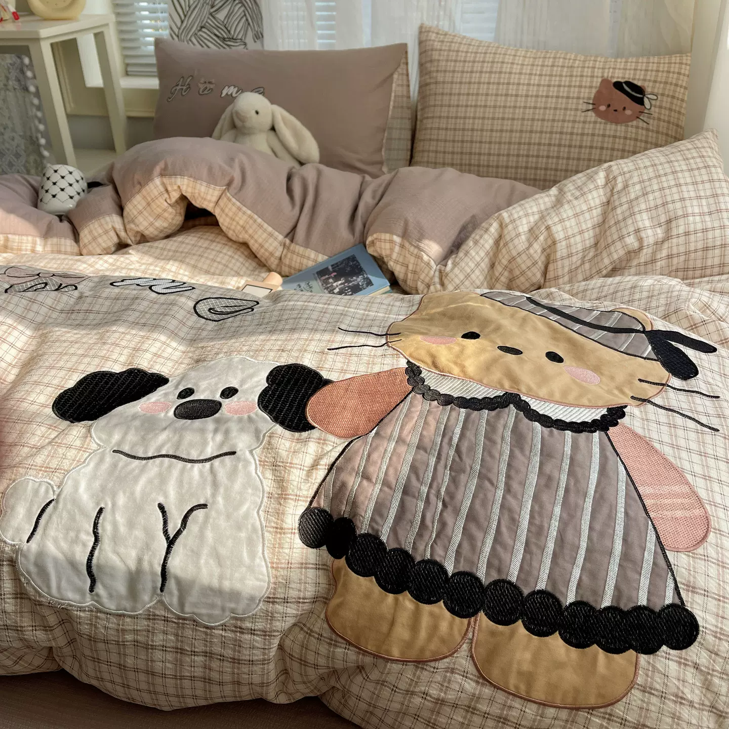 超柔A类木棉皱皱纱水洗棉四件套ins贴布绣卡通被套床笠宿舍三件套