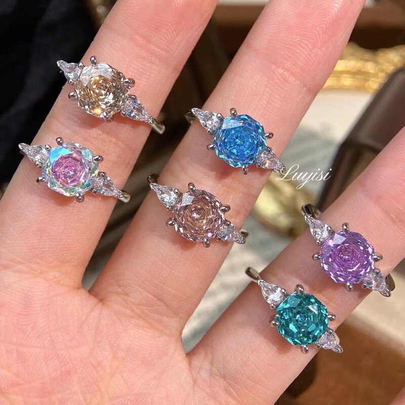 Live Broadcast Hot Selling Octagonal Millennium Rose Cut Paraiya Ring Accessible Luxury High-End Blue Rose Ring for Women