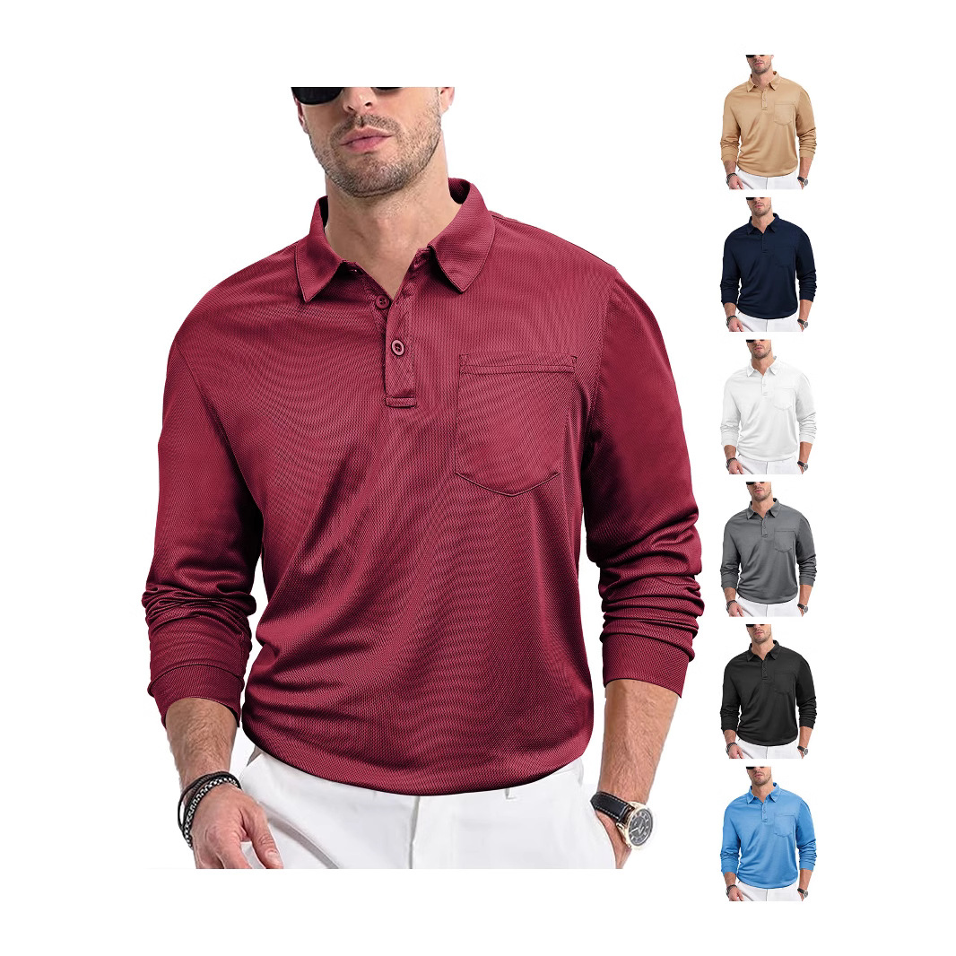 Transfronterizo Europa y América ropa de hombre casual botones sueltos collar de tela de malla de manga larga de color sólido camisa polo de hombre