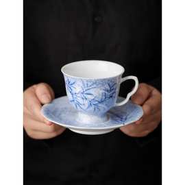 纯手绘墨染青竹陶瓷茶杯高颜值精致咖啡杯带底托设计感小众杯子