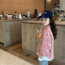 宝宝秋装韩版上衣2025粉色儿童新款格子衬衫长袖衬衣女童洋气春秋