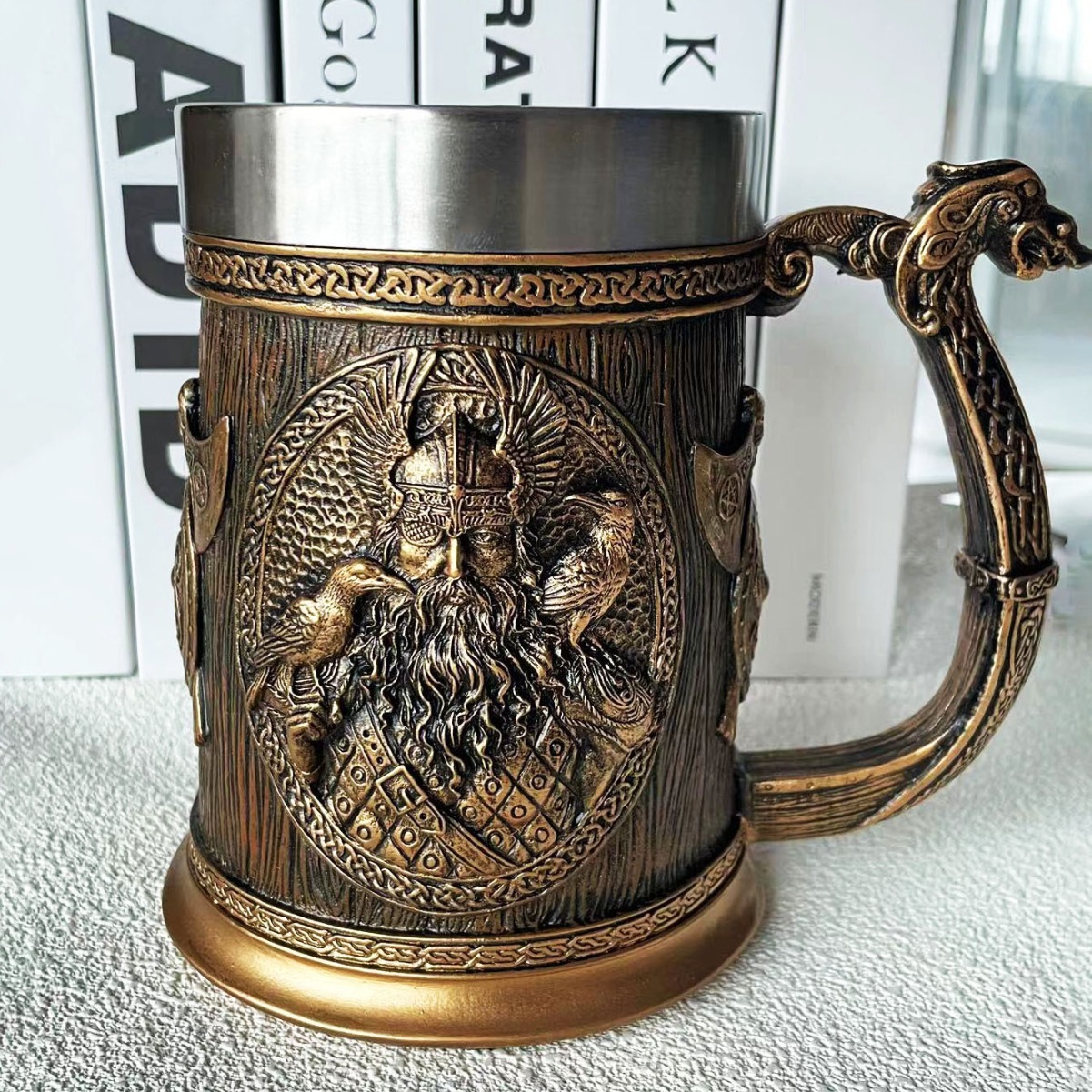跨境中世纪复古啤酒杯树脂不锈钢咖啡杯创意维京马克杯酒吧个摆件