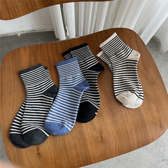 Striped women's cotton socks, spring and summer version, thin, Korean INS trend black high-tension stack socks, Japanese medium-length socks