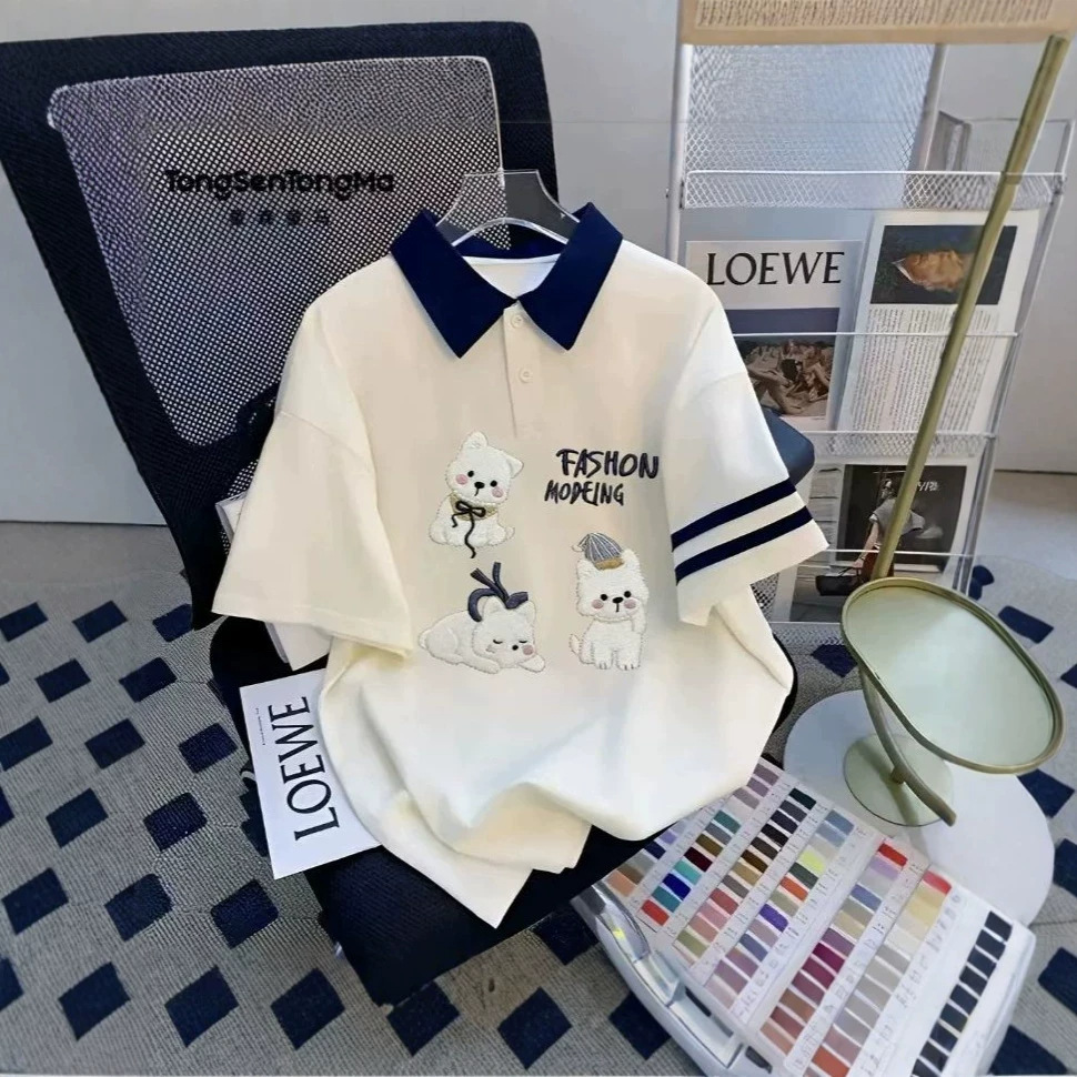 Girls' Polo Collar Short-Sleeve Summer Clothing, Color Block Turn-Down Collar Thin Cartoon T-Shirt for Medium and Large Children