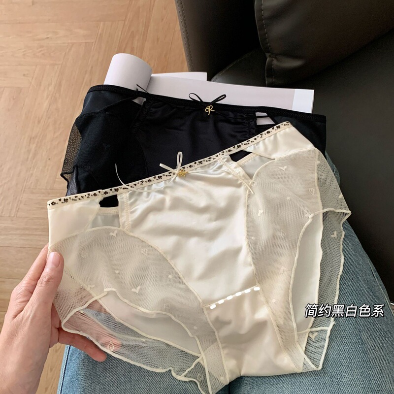 Sweet Satin Sexy Pure Lust Lace Panties for Women, Light Luxury Heart Mesh Mid-Low Waist Briefs with Silk Crotch