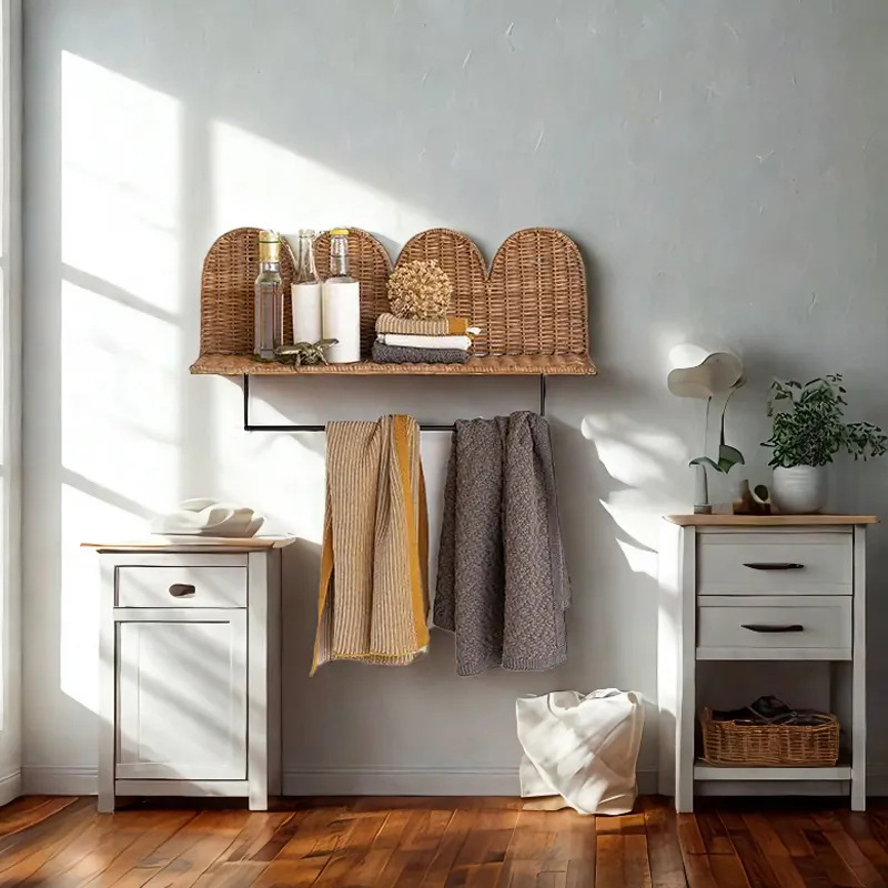 Toallero de baño de ratán hecho a mano Estante de baño Estante de baño multifuncional Estante de almacenamiento de toallero de baño