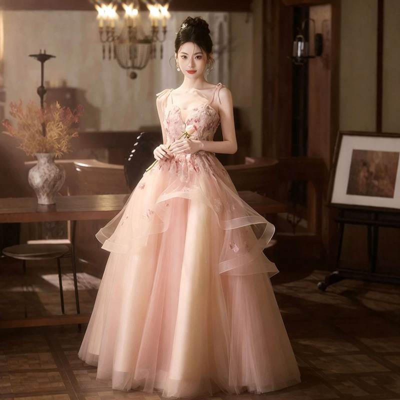 Pink host's graduation performance evening dress for women, strapless, high-end adult ceremony dress, engagement robe, fairy-like wedding dress Pink host's graduation performance evening dress for women, strapless, high-end adult ceremony dress, engagement robe, fairy-like wedding dress