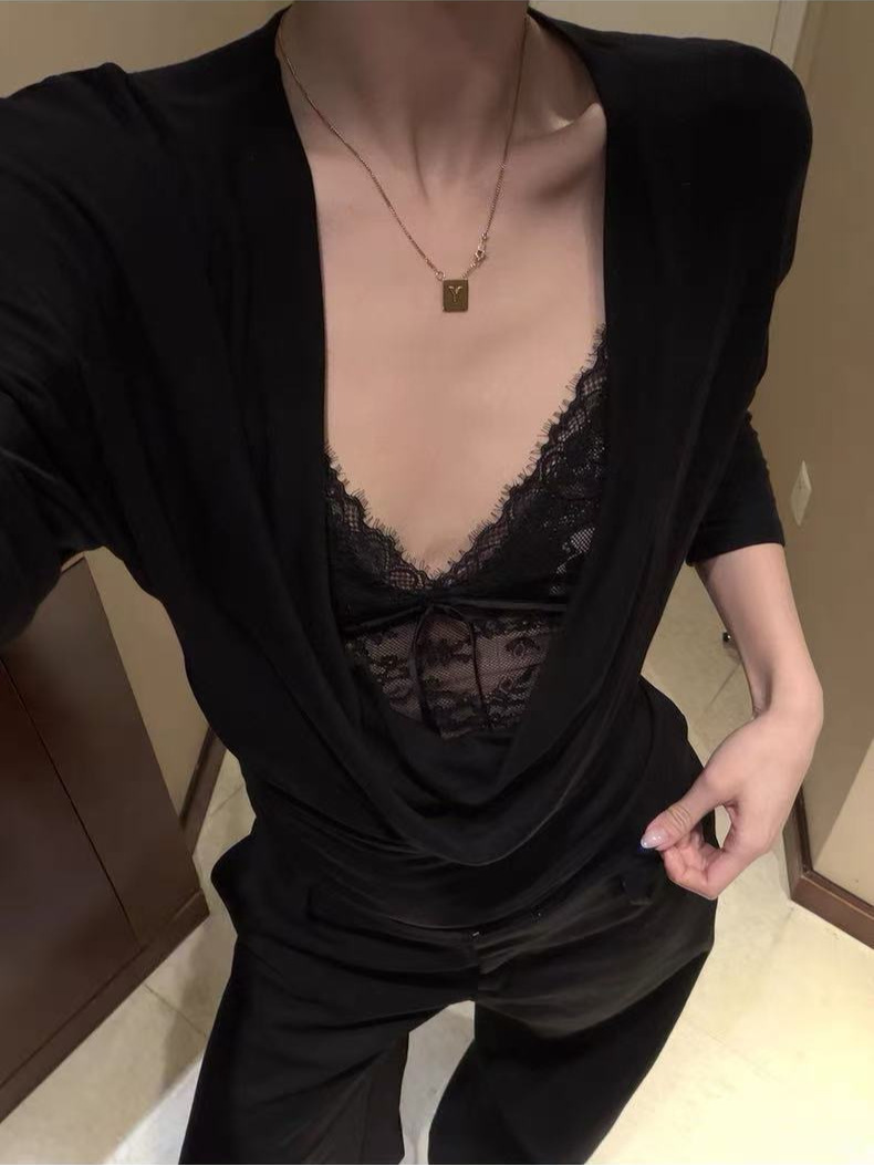 Código pulsante negro camiseta de cuello swing femenina primavera delgada sexy real de dos piezas 2026 nuevo image 6