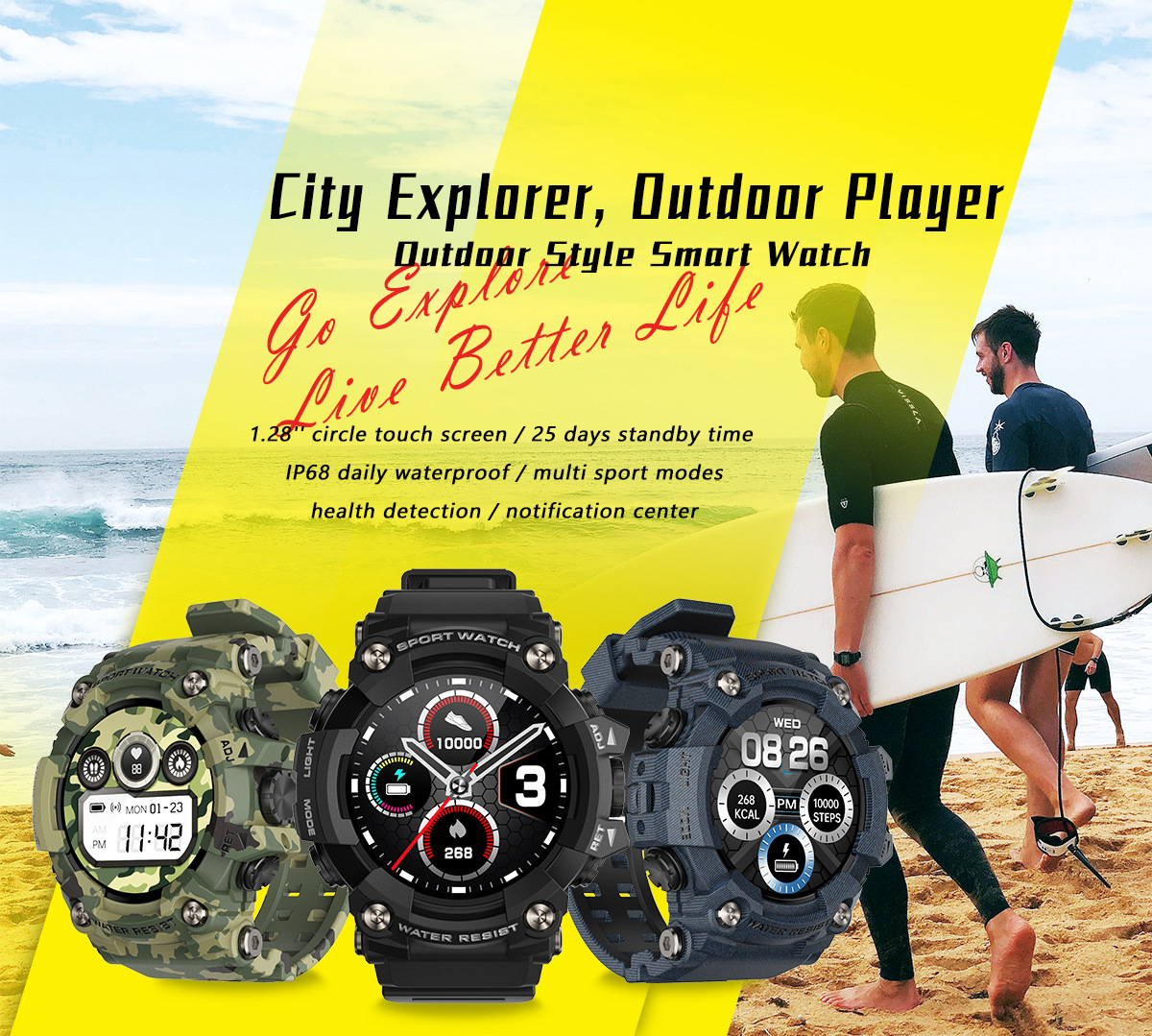 Nuovo orologio da uomo di vendita caldo T6 Tre prevenzione Sport all'aria aperta Smart Watch Full Circle IP68 da 1,28 pollici Impermeabile Modalità sportive multiple_voghion.com