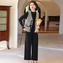 妈妈装春秋装套装中老年盘扣马甲打底阔腿裤三件套时尚新中式套装