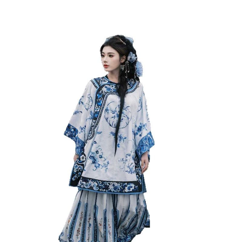 Summer blue and white set, Hanfu, round collar