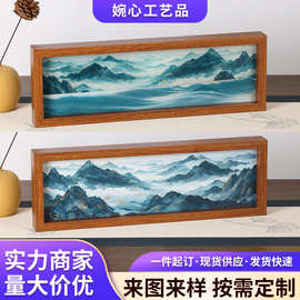 跨境外贸新中式云海层山3D山水流沙画 玻璃动态沙画商务礼品