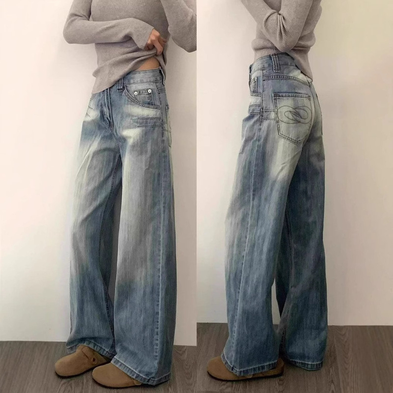 Plus-Size American-Style Straight-Leg Jeans for Women, Summer New Retro Large-Size Design, High-Waisted, Loose, Slimming Wide-Leg Pants