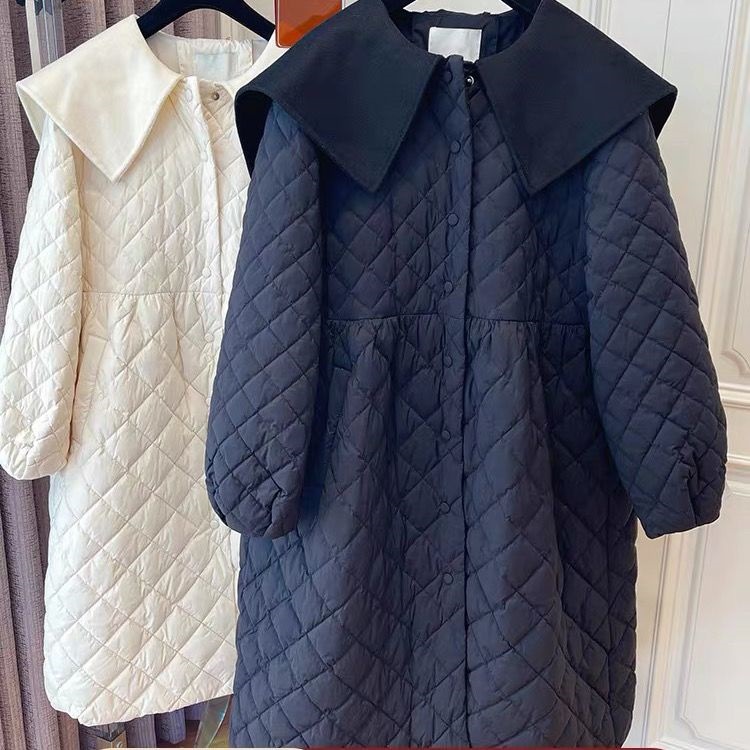 法式毛呢拼接娃娃翻领菱格棉服女冬季中长款外套2025年新款潮