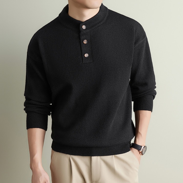 460g Old Money Style Thickened Warm Three-Button Long-Sleeve Knit Sweater for Men, Autumn and Winter Base Layer Sweater