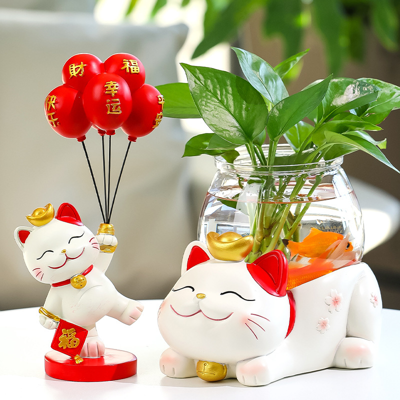 招财猫客厅鱼缸水培花瓶家居微景观办公桌面玄关装饰绿萝水养花器
