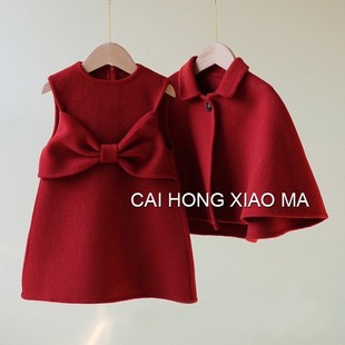 [In stock and fast delivery] children's clothing winter girls' New Year greeting clothes red woolen suit children's baby Western style New Year dress