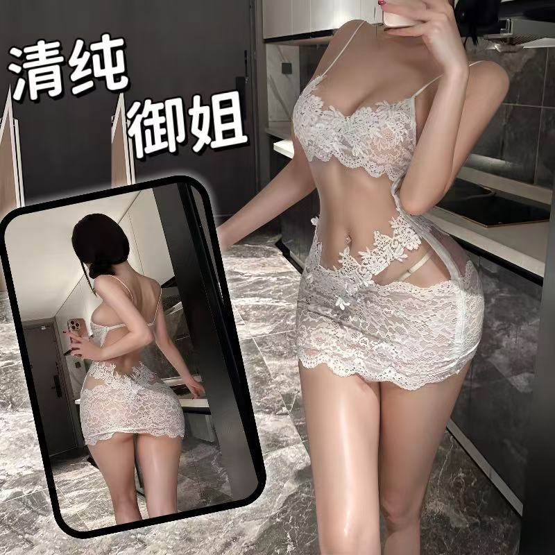 Lace Open-Crotch Maid Jumpsuit, See-Through Mesh Lingerie, Purple One Size — detail image 2