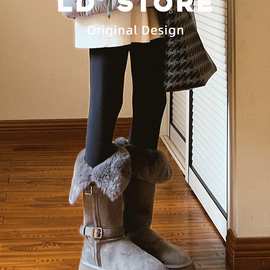 小个子厚底灰色长筒雪地靴女2025冬新款增高加绒加厚保暖东北棉鞋