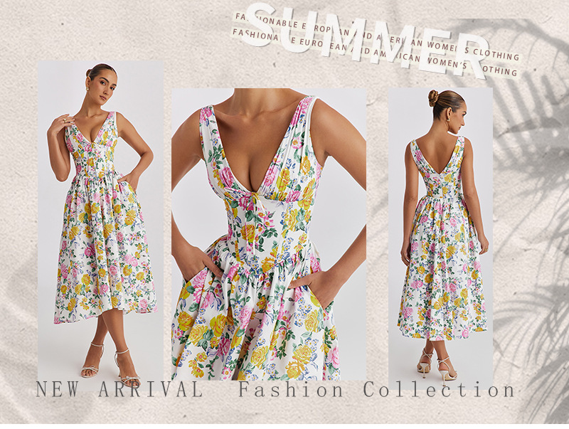 364g Weight Midi Dress Dress Length Type Sleeveless Sleeve Length Sheath Dress Dresses Type Sleeveless Sleeve Type Polyester Fabric Type High Waist Waist Line Holiday, Street Occasion V Neck Neckline Slim Fit Type Flower Pattern Summer Season Women's Gender Sexy Style Wholesale Women's Sexy Flower Holiday Street V Neck Sleeveless Sheath Dress 无