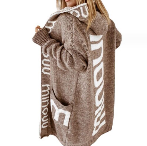 Women's European and American Knitted Cardigan, Medium Long Length Sweater Coat, Letter Hooded Knitted Women's Clothing
