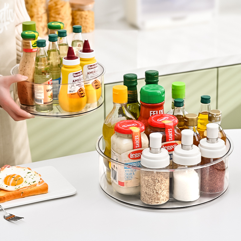 Estante de cocina doméstico multifuncional, transparente PET, giratorio 360°, para condimentos, frutas o escritorio.